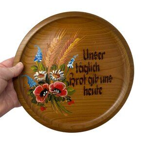 Vintage German Wooden Wall Plate OUR DAILY BREAD Hand Painted Tole Folk Art